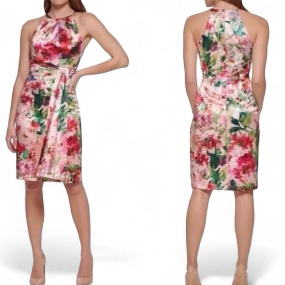 Eliza J Dresses & Skirts - New Eliza J Size 8 Floral Printed Cut Out Sash Dress Watercolor Art To Wear NWT